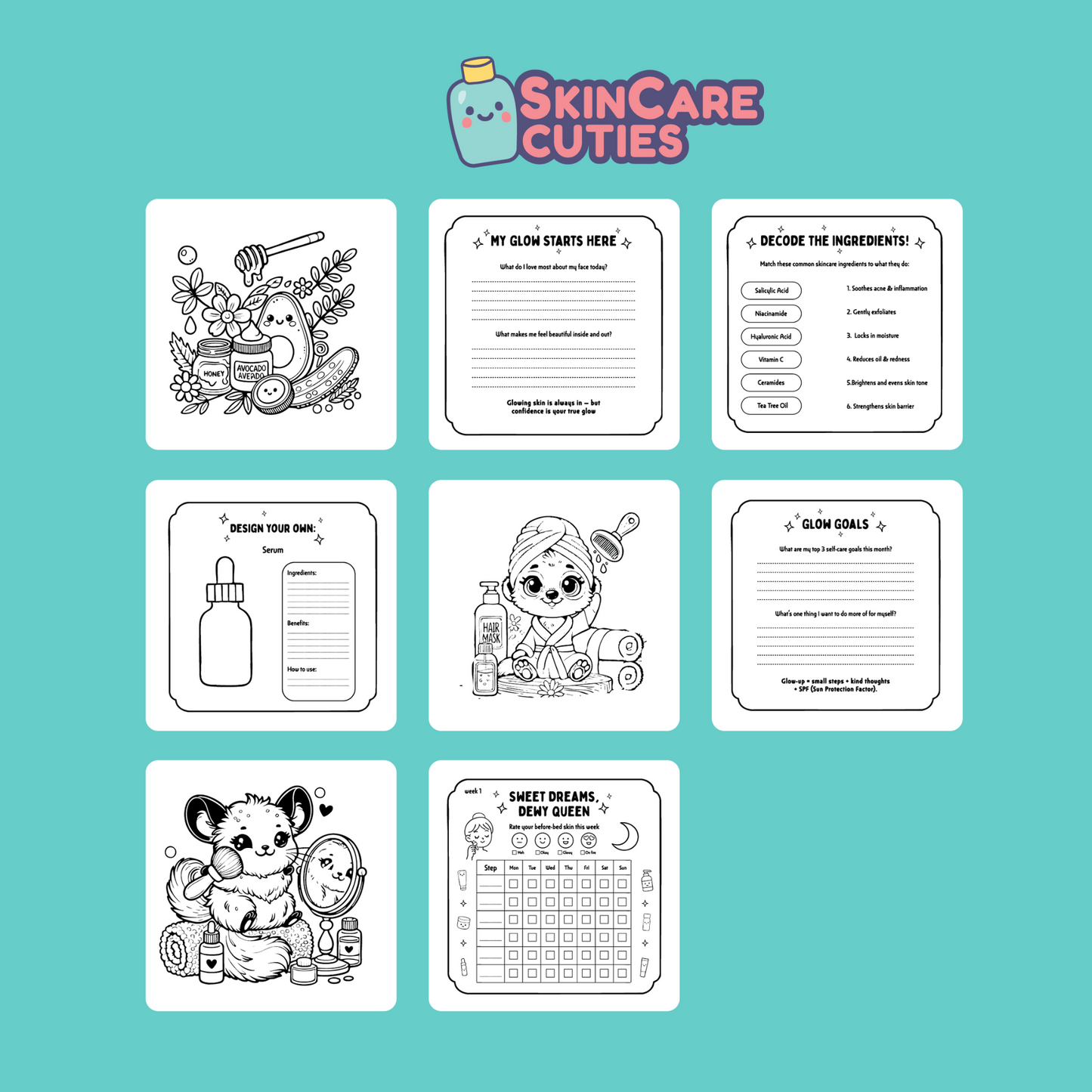 Skincare Cuties Coloring & Activity Book - Digital Printable PDF for Instant Self-Care & Mindfulness